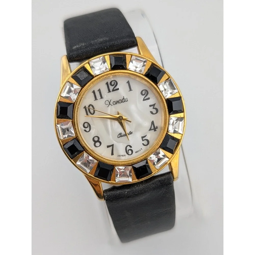 Vintage Xanadu Women's Watch 33mm Gold Case Crystal Bezel Black Band New Battery